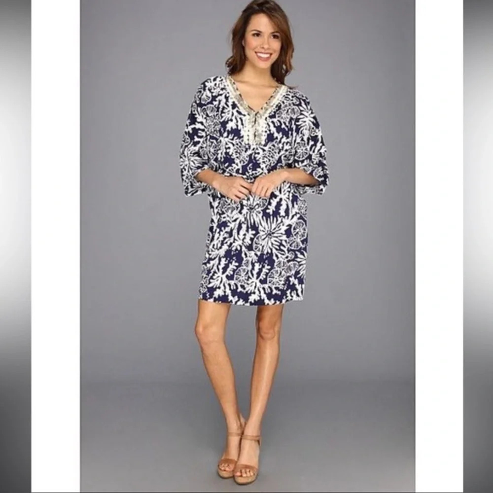 Lilly Pulitzer “Wilda” Silk Caftan Dress XS | Beaded Neckline | Coastal Glam